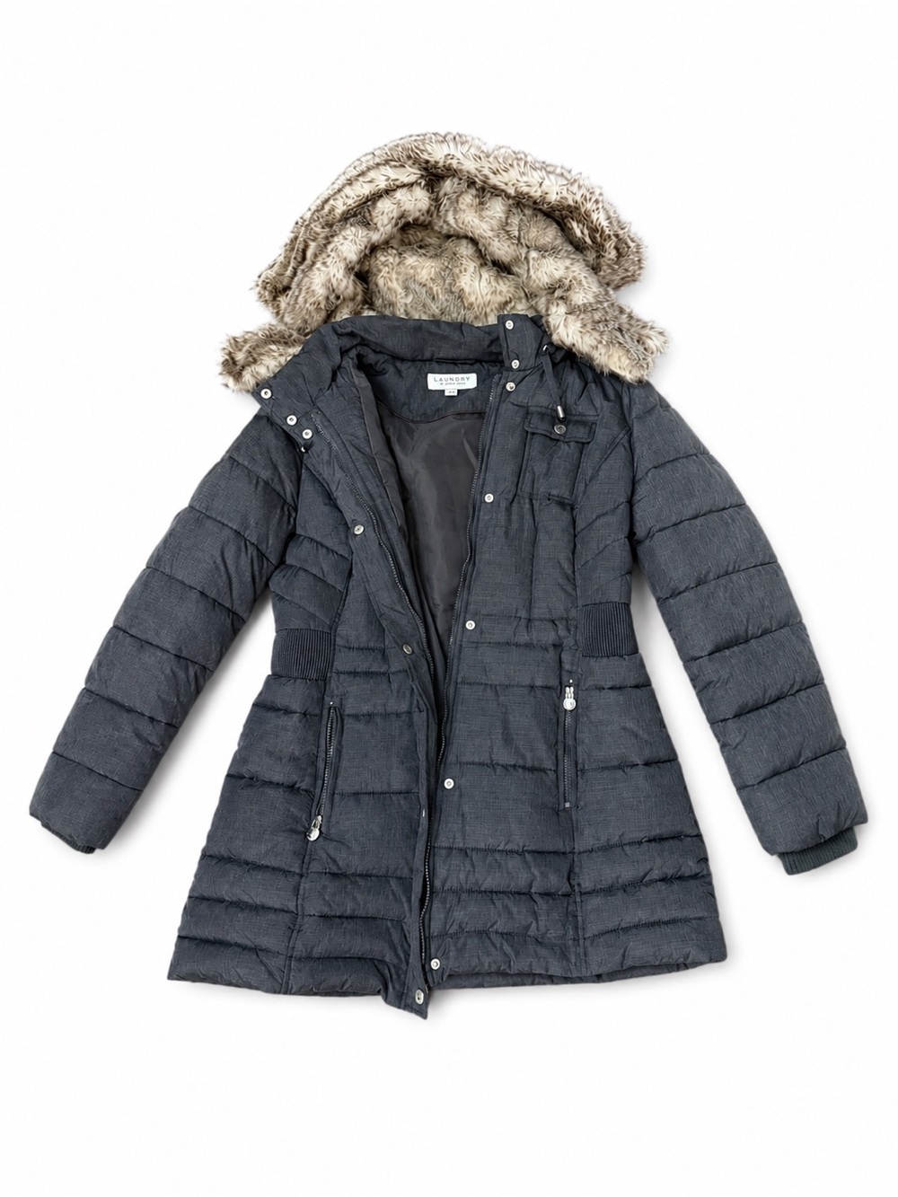 Laundry By Shelli Segal Dark Gray Faux Fur-Trim Puffer Coat